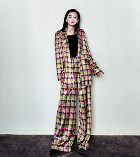 小众设计新款撞色千鸟格宽松大气西装女士两件套阔腿长裤松紧腰