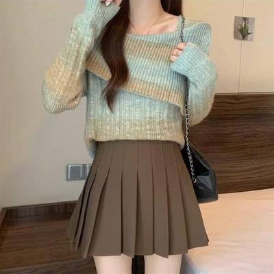 韩版冬新款渐变撞色条纹设计感个性修身显瘦针织衫毛衣一字肩上衣