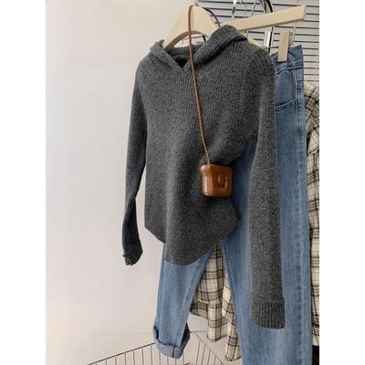 灰色浣熊绒连帽毛衣女秋冬冬季内搭打底衫修身外穿正肩带帽针织衫