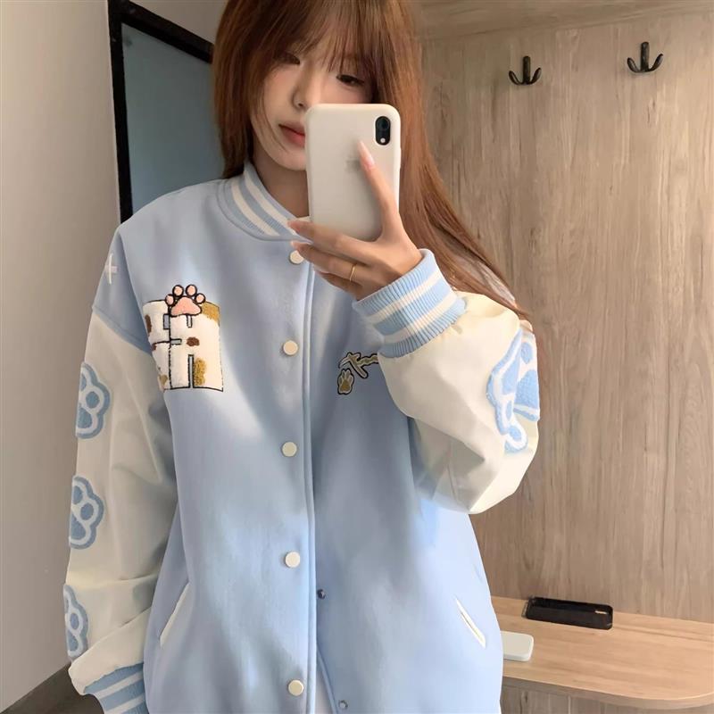 学院风甜美猫爪刺绣棒球服男女秋2025新款设计感撞色情侣夹克外套