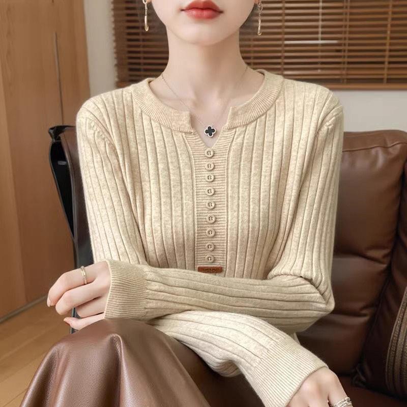 打底衫女秋冬内搭毛衫修身玫红色v领毛衣长袖针织衫减龄洋气上衣