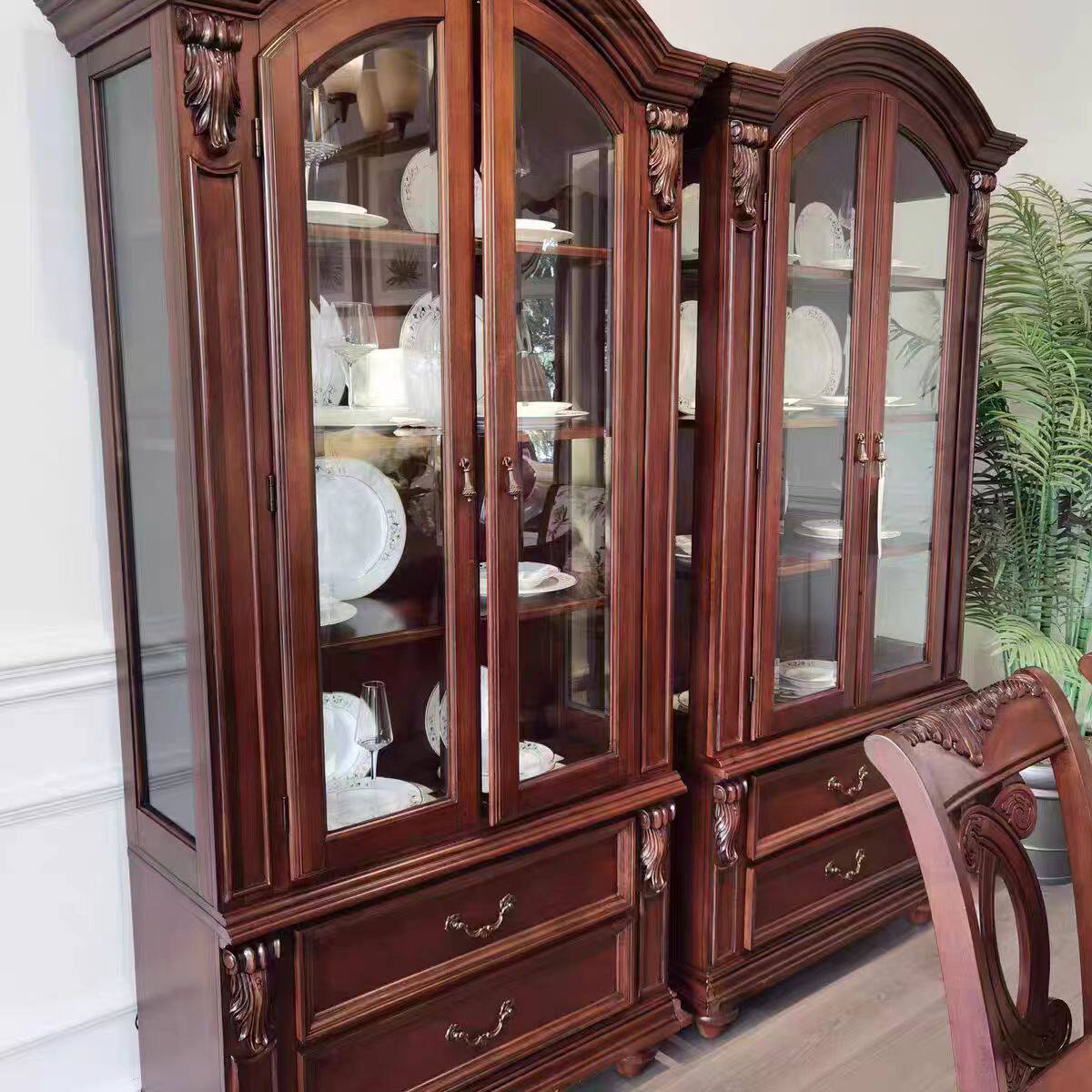 美克美式美家乡村酒红双门玻璃酒柜桃花芯实木装饰柜定制