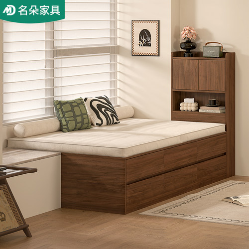 中古风实木飘窗拼接床小户型