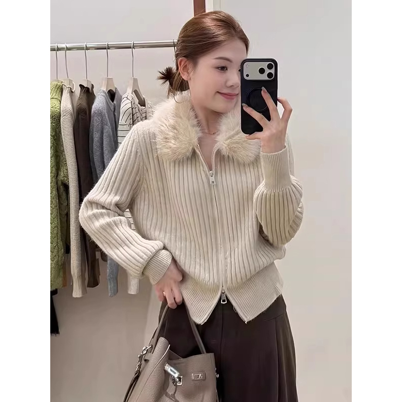 韩系毛毛领拉链长袖针织开衫短外套2025秋冬新款氛围感穿搭上衣女