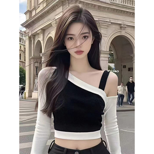 绝美短上衣 2025早秋新款 甜辣妹撞色长袖 打底衫 女设计感不规则修身