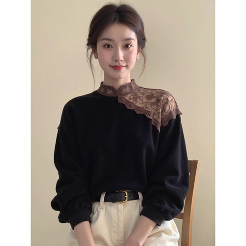 新中式女装黑色撞色蕾丝拼接丝绒旗袍上衣25冬设计感内搭国风小衫