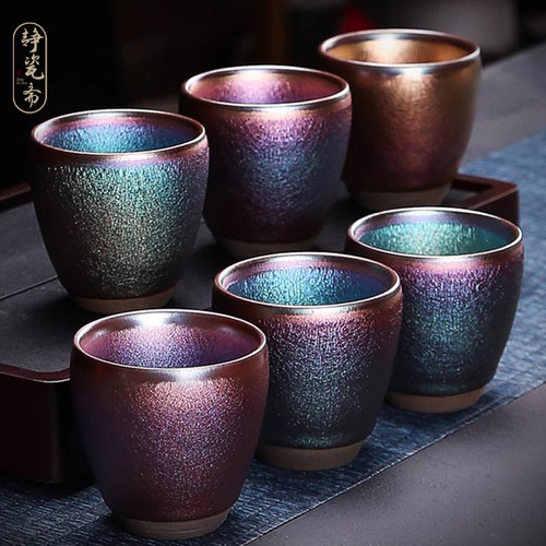 静瓷斋陶瓷手工彩毫建盏茶杯七彩手握杯家用天目曜变铁胎彩主人杯
