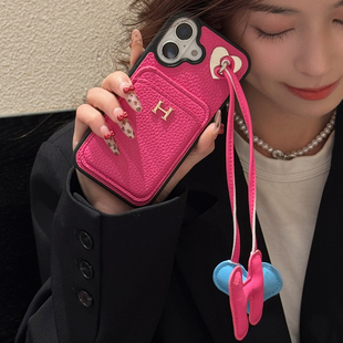 爱心H挂件欧美适用苹果iPhone16手机壳17promax网红创意潮牌15插卡包14pro皮质奢华女13/12全包防摔保护套软