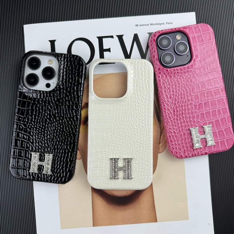 大孔鳄鱼纹亮面H水钻适用苹果17promax手机壳新品iPhone14/15网红奢华13pro女款创意12半包油边16小众保护套