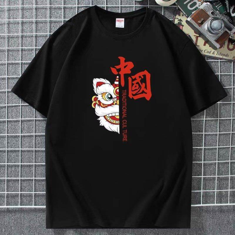 国潮舞狮印花男士宽松短袖T恤