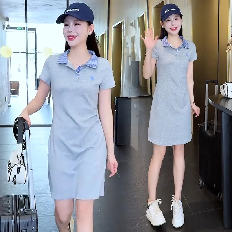 休闲短袖连衣裙女2025夏季新款洋气显瘦POLO领中长款外贸T恤裙子
