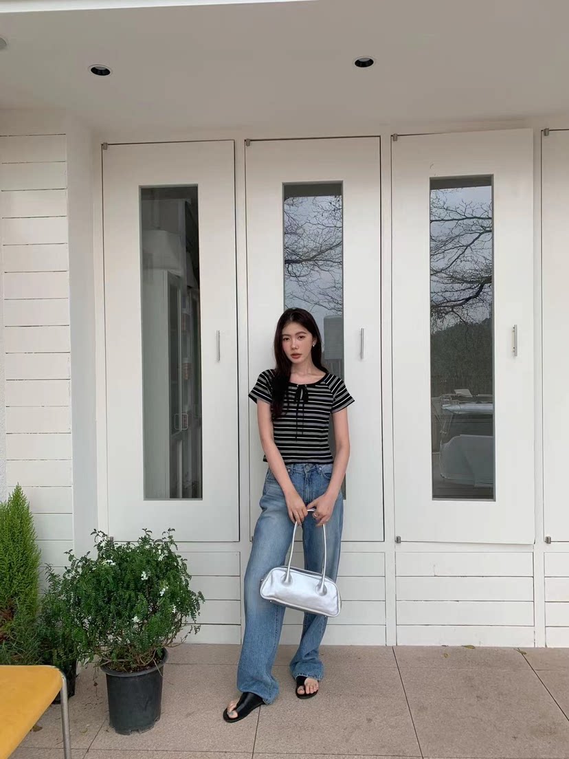 清仓夏季条纹蝴蝶结显瘦T恤女
