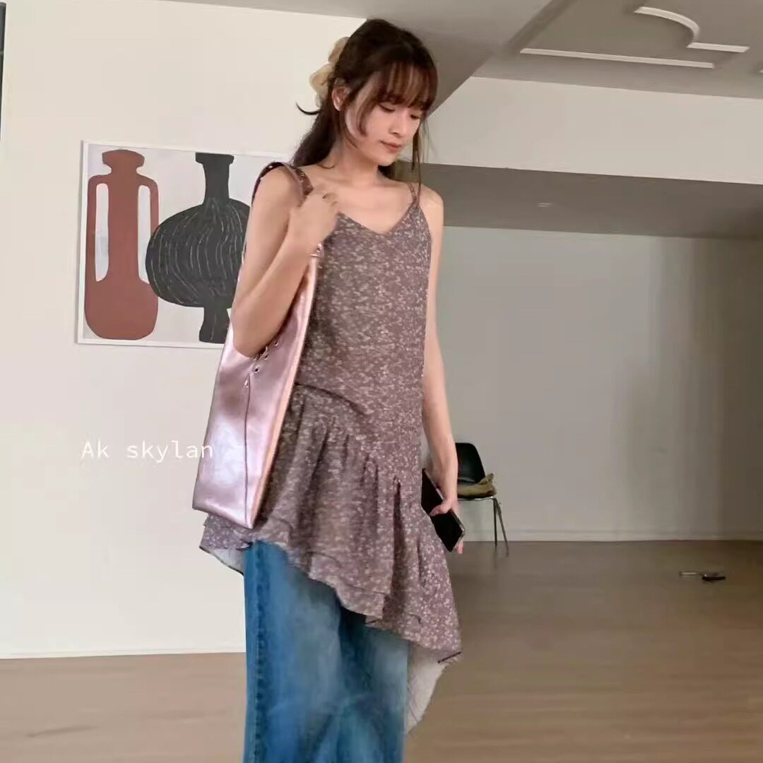 清仓法式不规则鱼尾碎花吊带裙女
