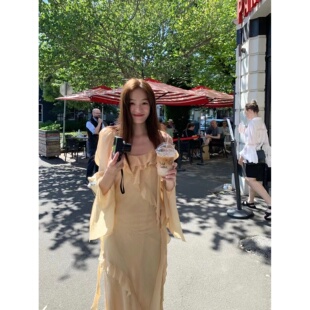 现货韩版荷叶边漏肩连衣裙夏季收腰显瘦法式茶歇仙女裙83611