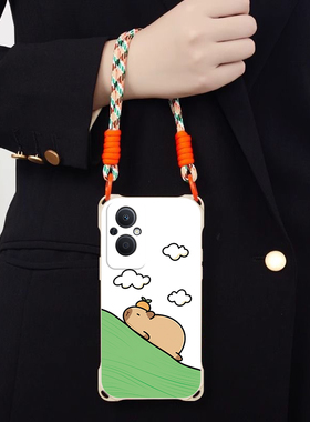 躺平可爱豚鼠适用OPPOF21Pro斜跨手机壳A965G版小众日韩超萌A975G卡通少女硅胶时尚男女F21Pro个性手绳保护套