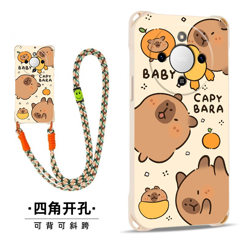 卡皮巴拉适用荣耀X70斜跨手机壳X70i小众日韩超萌卡通可爱少女硅胶时尚男女X70个性手绳X70保护套简约全包边