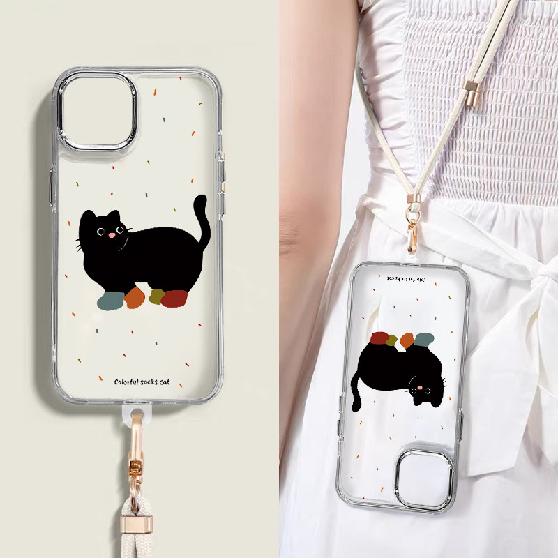 潮牌小黑猫适用于iPhoneX手机壳斜跨XR日韩透明壳XS卡通可爱少女保护套XSMax硅胶时尚男女