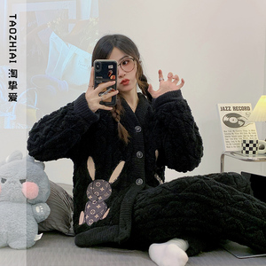 淘挚爱三层夹棉睡衣女冬季加绒加厚玫瑰绒高级感家居服可外穿套装
