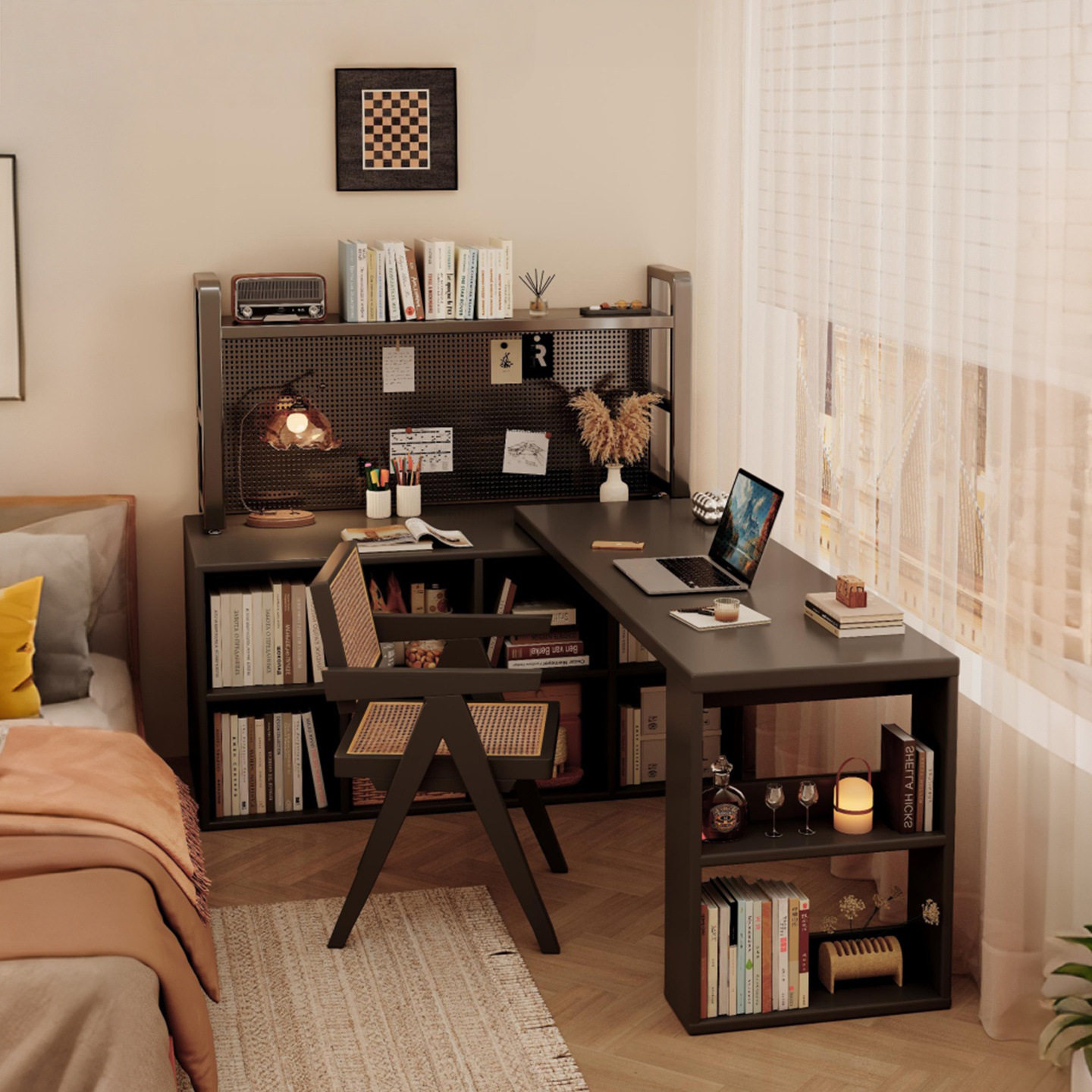 书桌洞洞板成人家用梳妆台黑色桌子收纳柜一体卧室转角L型电脑桌,收纳整理,书桌收纳置物架,淘宝优惠券,粉丝福利购,淘宝优惠卷