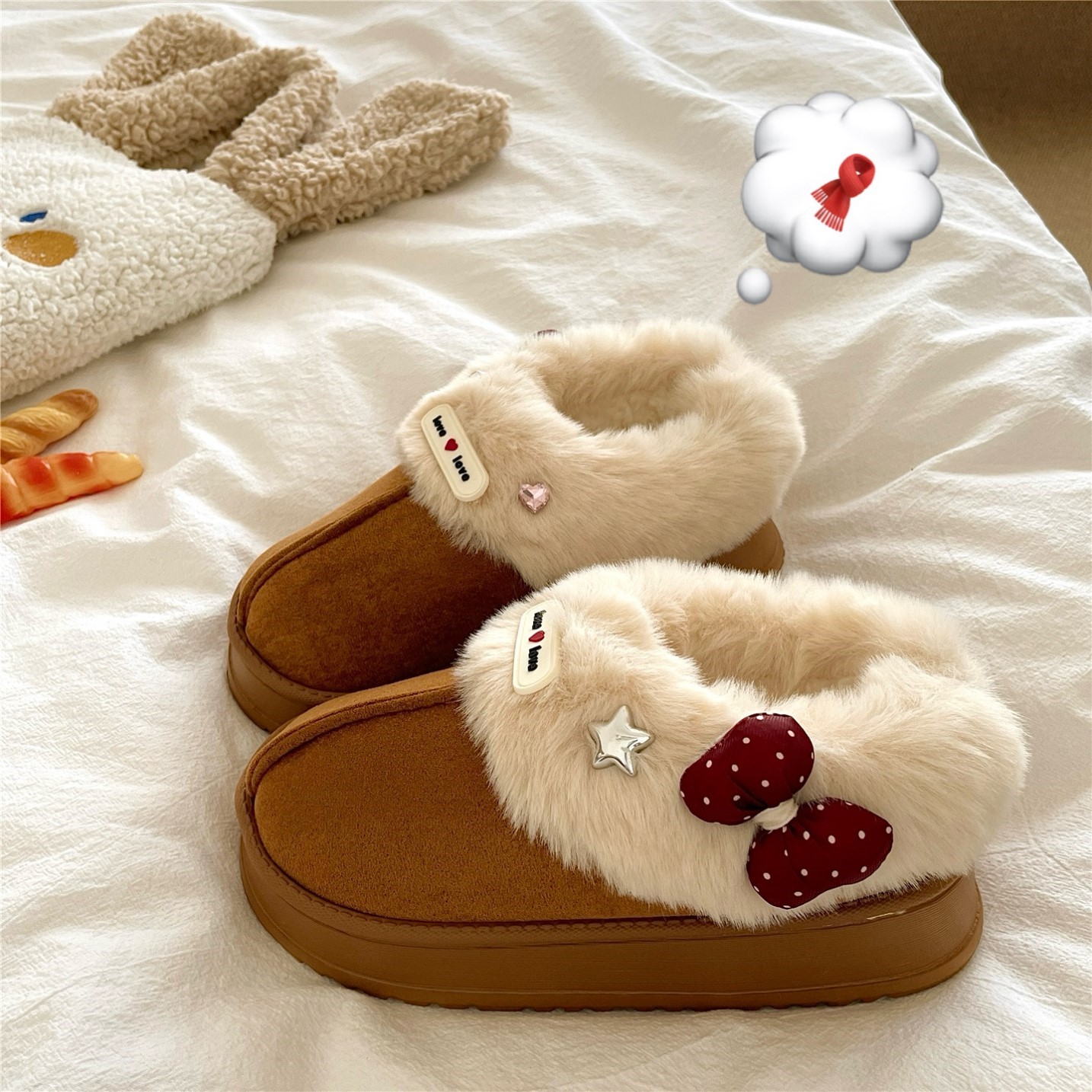 圣诞木屋~！蝴蝶结ins甜美包跟棉拖鞋女厚底加绒棉鞋保暖雪地靴潮