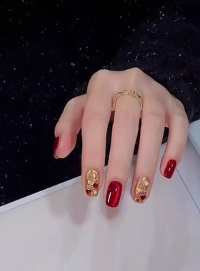 GC【小财迷】秋冬新款新年红色显白高级感猫眼手工穿戴甲可拆成品