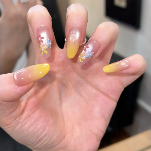GC【 黄花暖阳】手工穿戴甲中长椭圆法式小碎花美甲成品贴片
