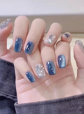 GC【明月心】手工穿戴甲可拆卸温柔日常简约蓝色猫眼精致气质甲片