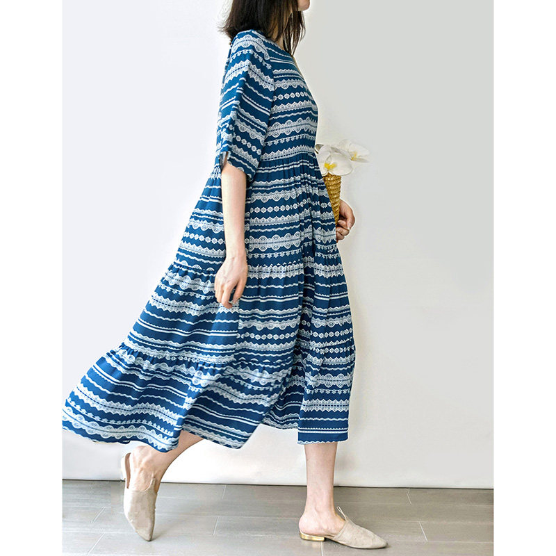 蕾丝印花连衣裙女气质2020年夏季新款长款宽松显瘦大摆裙中袖长裙