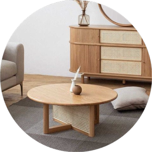 日式茶几小户型北欧客厅藤编圆形全实木茶桌侘寂风民宿家用小圆桌
