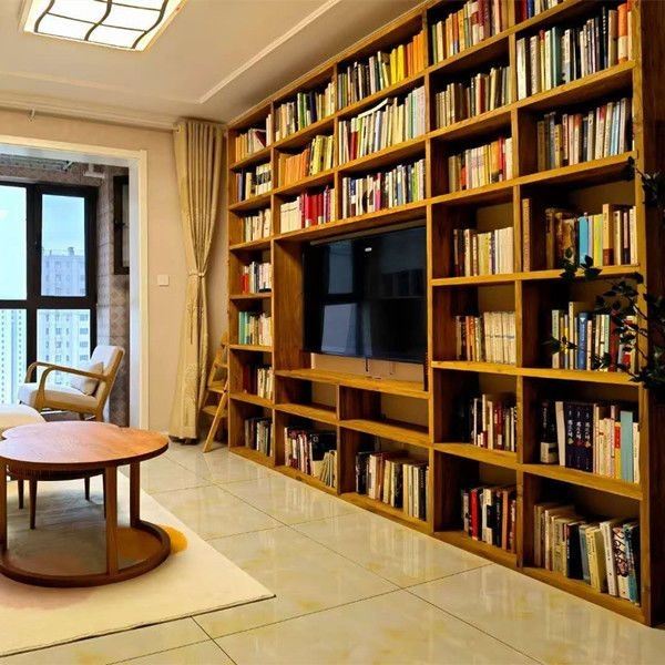 北方老榆木实木书架全屋定制简易落地满墙格子隔断吊柜置物架定制