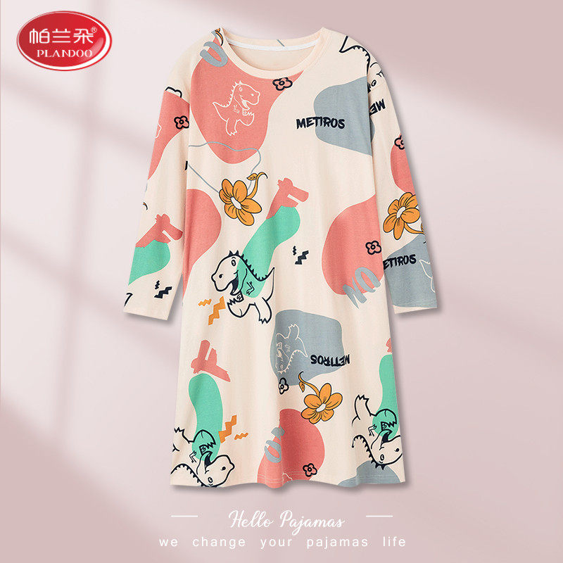 帕兰朵睡裙女春秋薄款纯棉长袖中长款连衣裙全棉女士可爱卡通睡衣