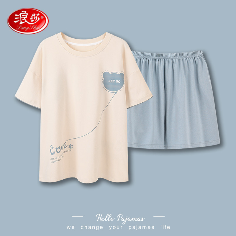浪莎睡衣女夏天纯棉短袖短裤套装夏季全棉薄款简约卡通女士家居服