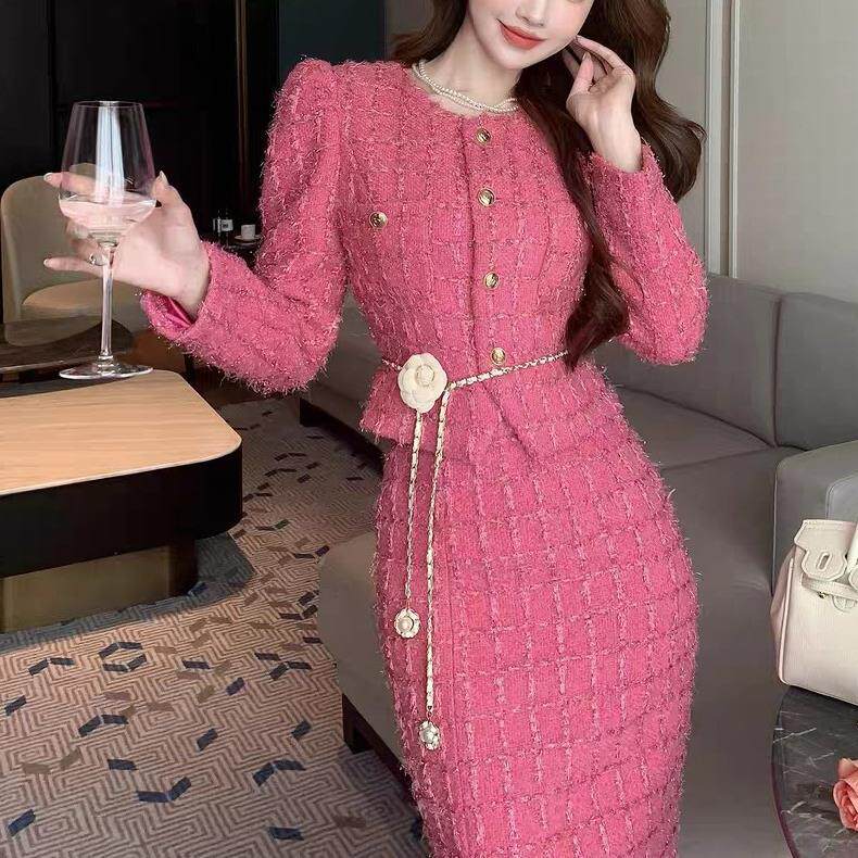 新款推荐玫红色小香风套装女春冬新款粗花呢外套半身长裙两件套