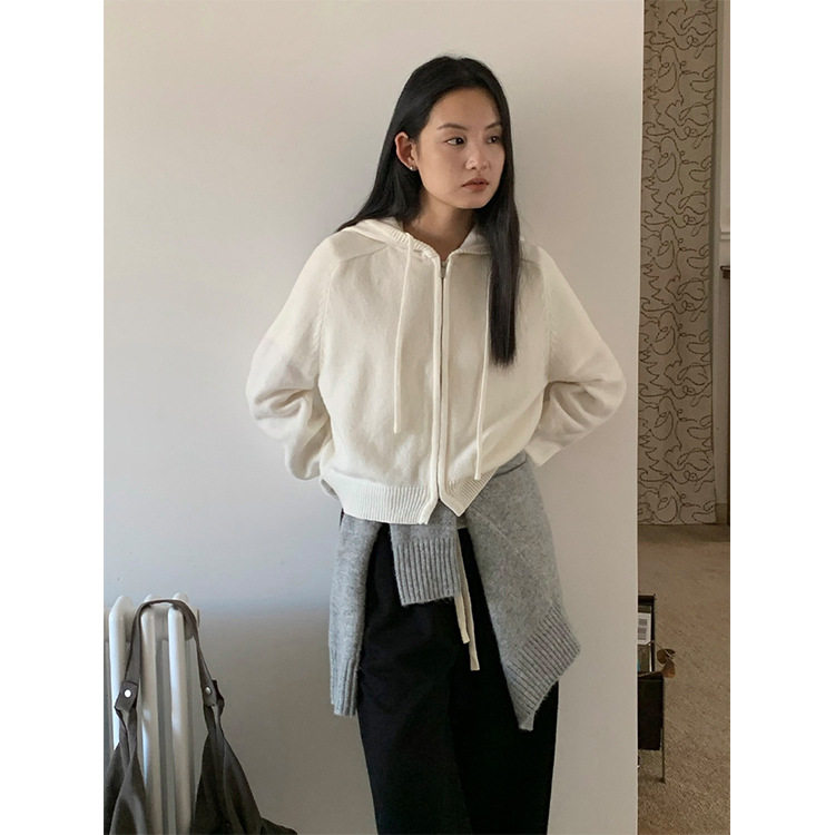 日系设计师topwhit 羊毛针织帽衫女秋冬新款休闲风显瘦拉链毛衣