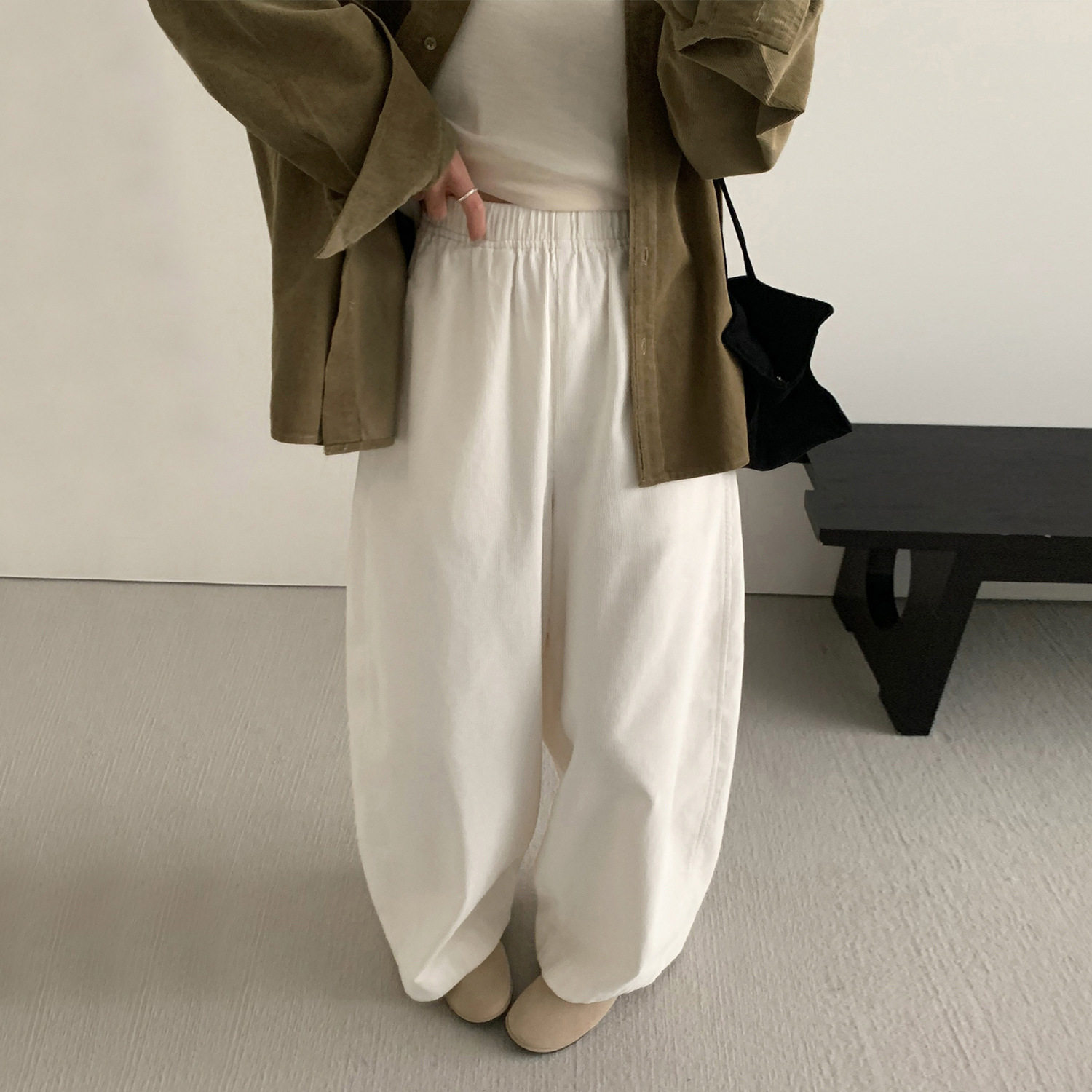 日系设计师topwhit 复古百搭遮肉灯芯绒阔腿裤女秋冬新款休闲松紧