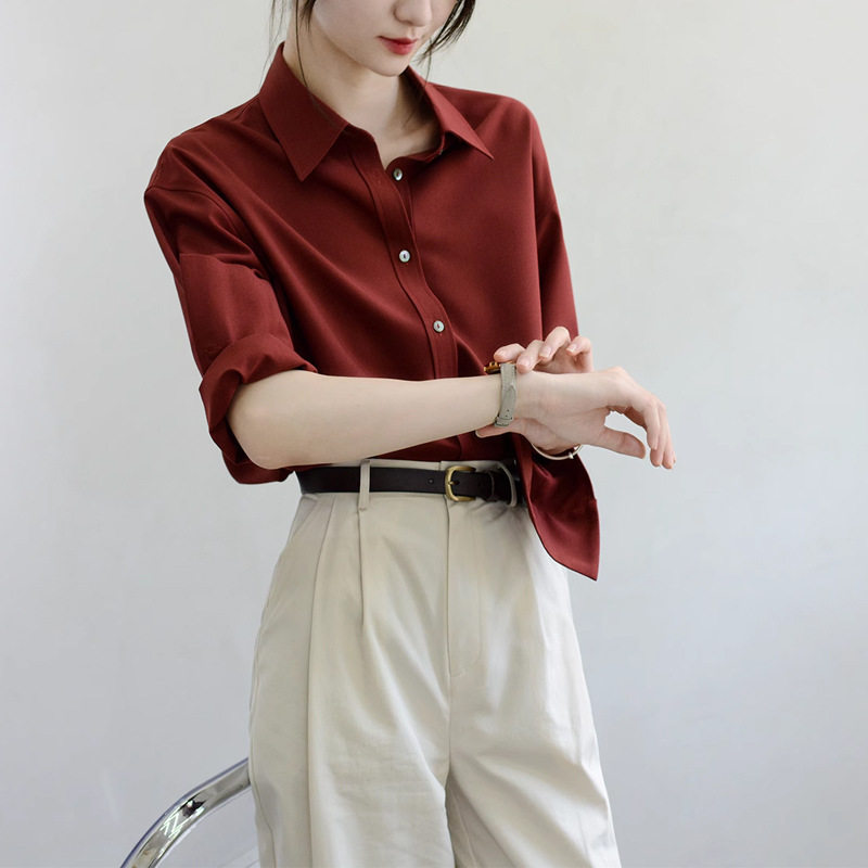 日本cherry kitty实穿高级胭脂红宽松显白衬衫女长袖oversize