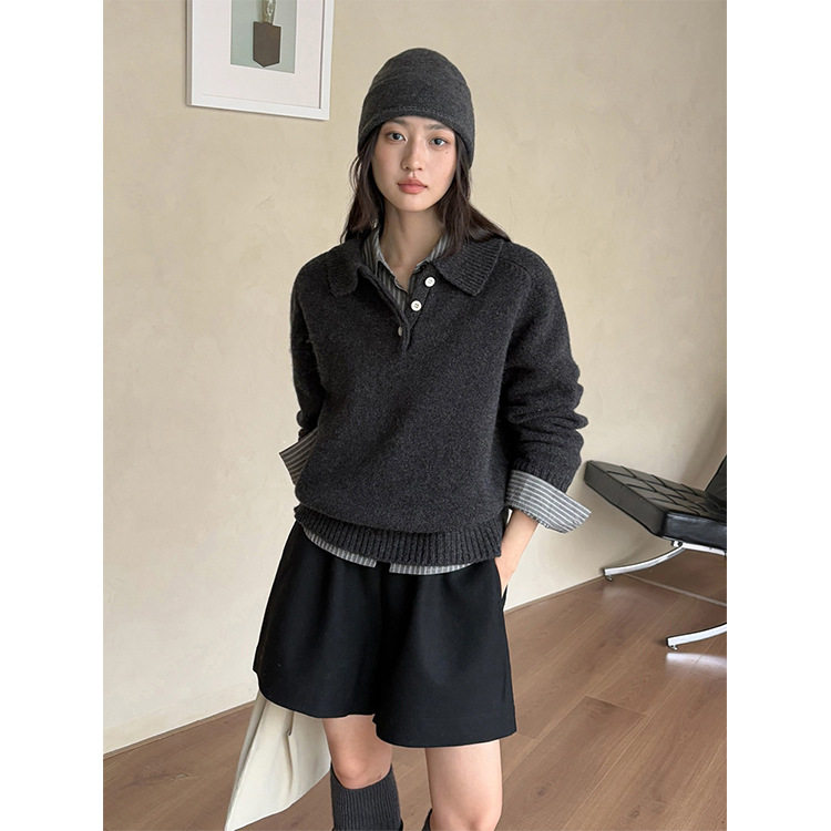 日系设计师topwhit 简韩休闲杂色百搭翻领套头针织羊毛衫女冬季