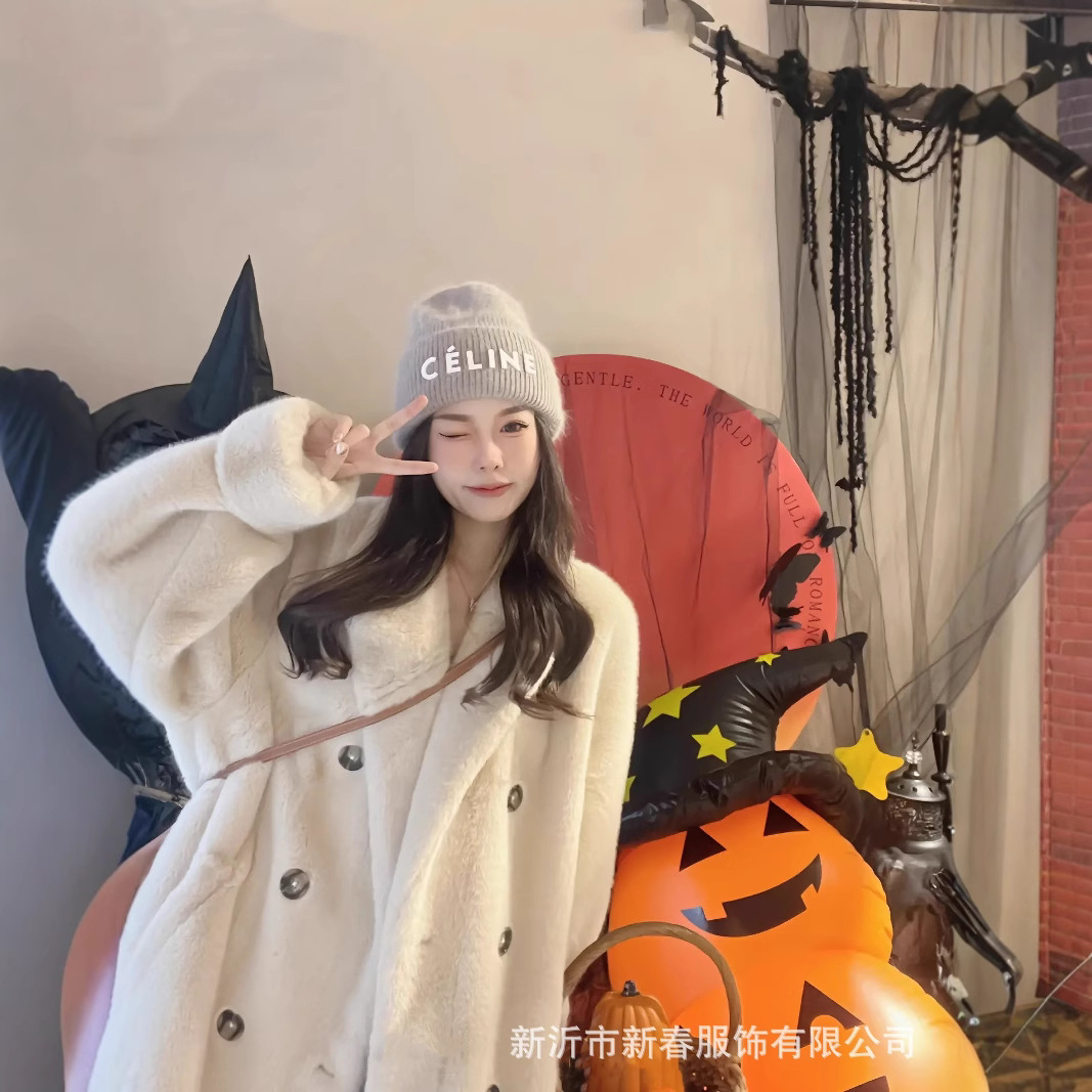 日本cherry kitty秋冬加厚长款西服领仿水貂绒皮毛一体毛毛环保