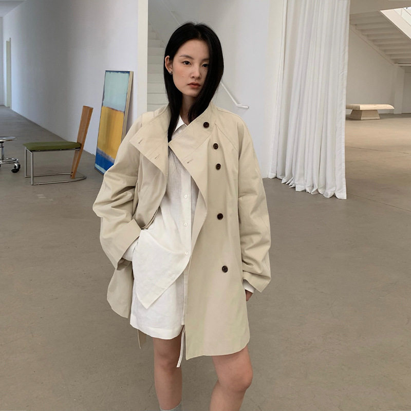中长款宽松鱿鱼风衣女春季韩系酷飒立领系带外套24334