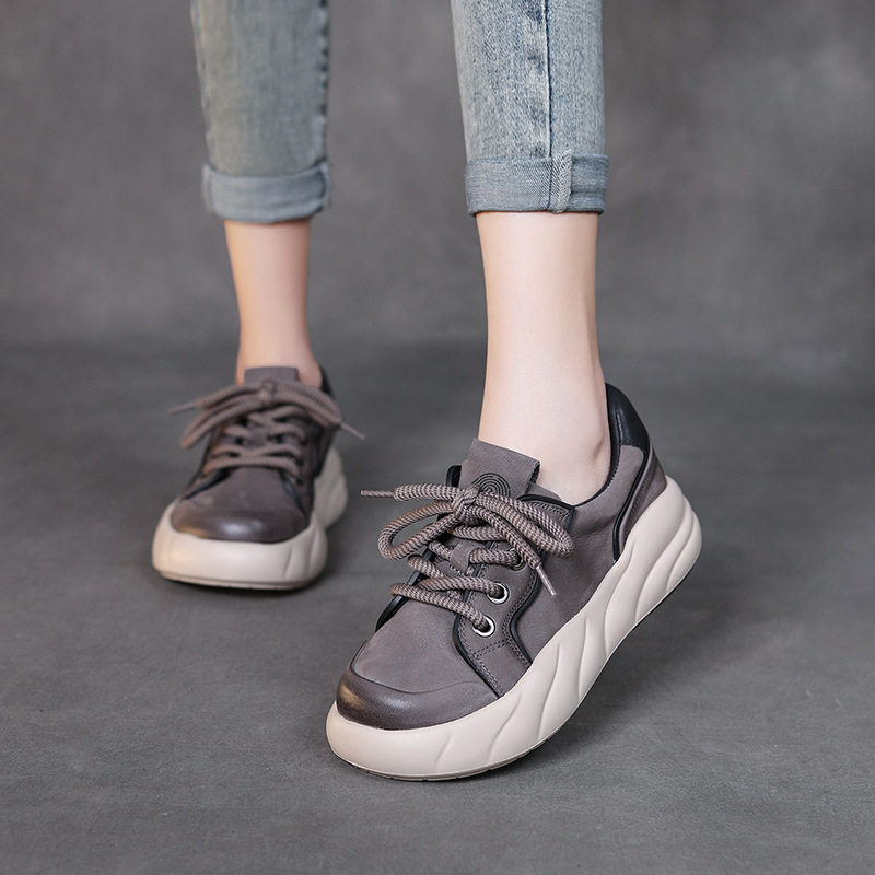 女王范头层牛皮休闲单鞋女四季系带低帮圆头女鞋复古平跟板鞋