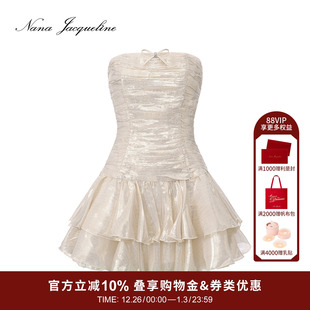 NanaJacqueline金银纱蝴蝶结连衣裙新款 千金公主真丝短裙新年战袍