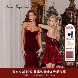 NanaJacqueline丝绒蝴蝶结鱼尾连衣裙女高级感晚宴小礼服圣诞穿搭