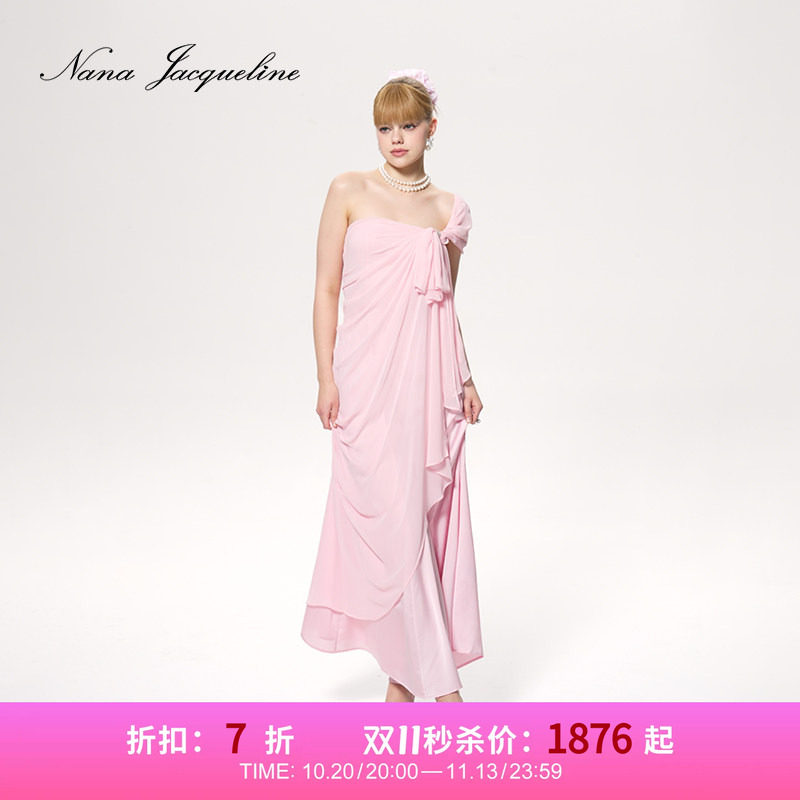[甄选7折]NanaJacqueline明星同款抹胸连衣裙蝴蝶结抽褶飘逸长裙