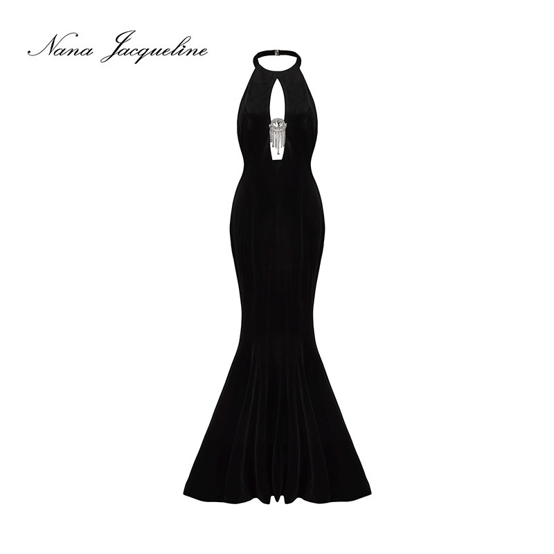 NanaJacqueline镂空钻饰丝绒礼服裙女品牌新款轻奢高级感长连衣裙