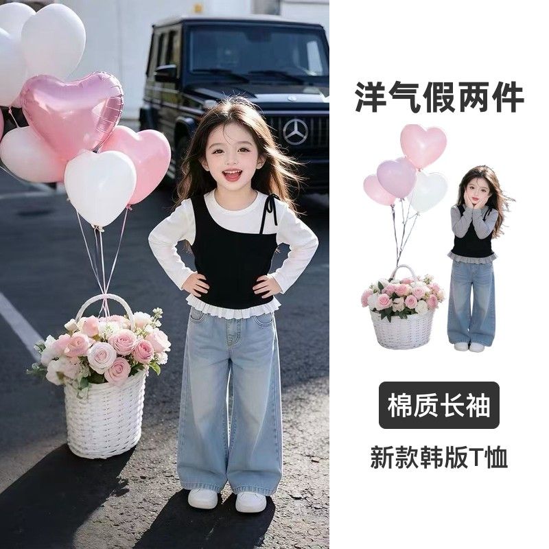 女童洋气假两件T恤2026春