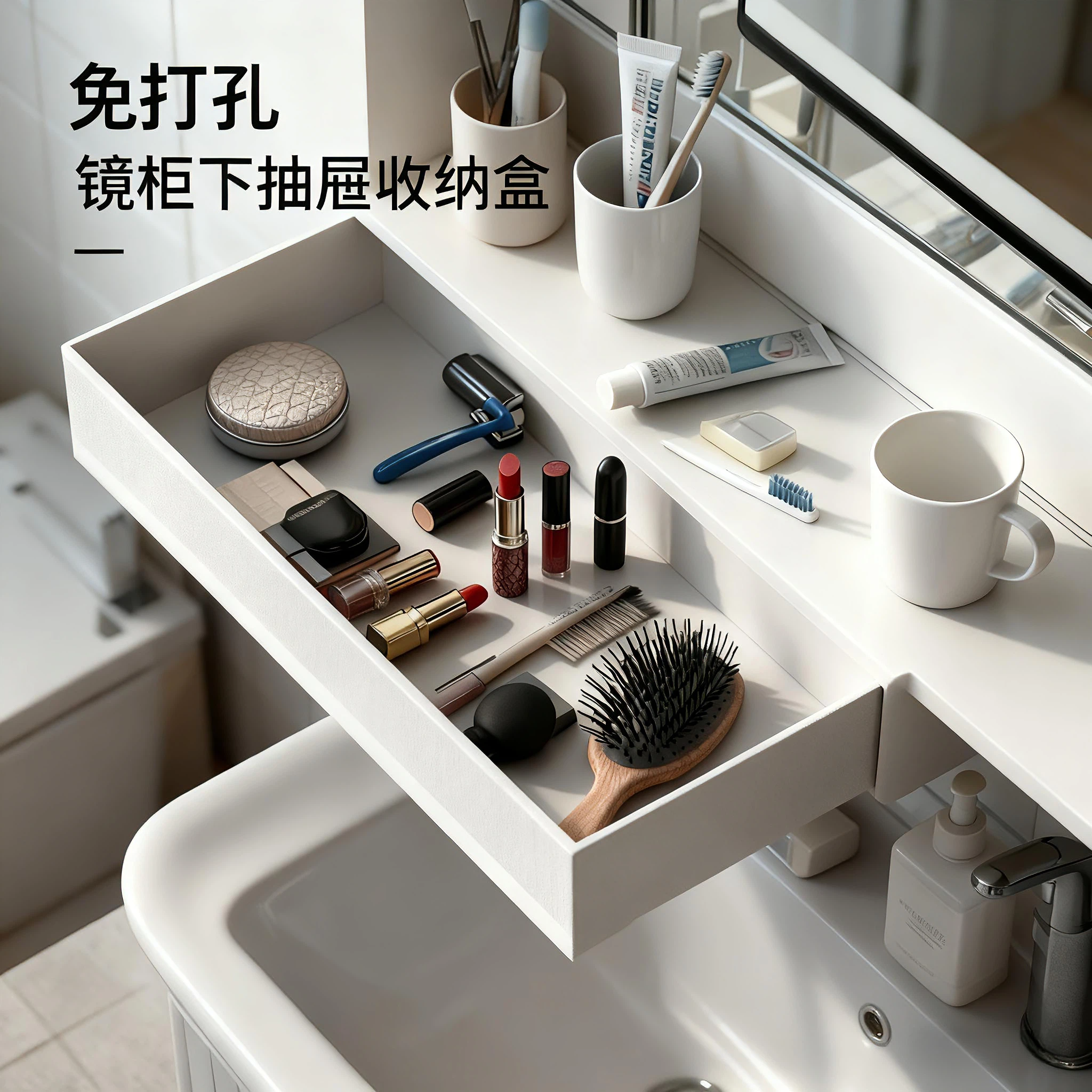 卫生间镜柜下抽屉式收纳盒壁挂浴室柜内下挂化妆品口红棉签置物架