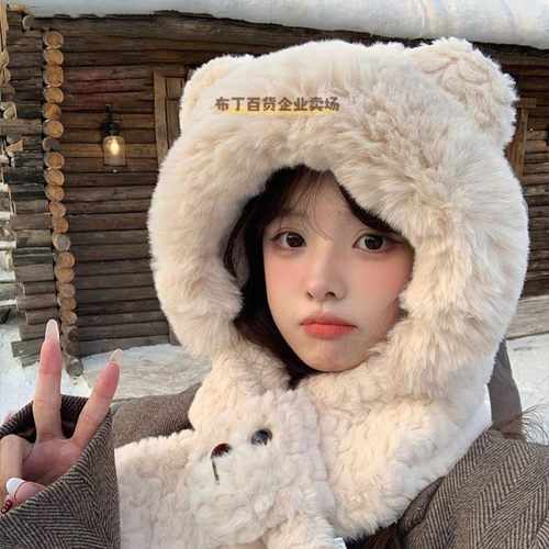 小熊耳朵帽子围巾一体冬季保暖百搭防风加绒加厚毛绒围脖雷锋UNL