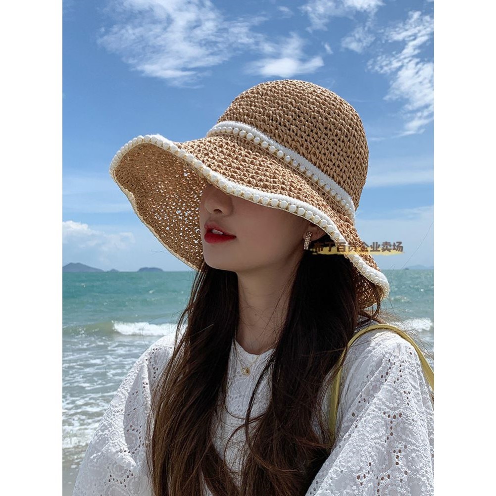 显脸小帽子女编织珍珠草帽夏季薄款遮阳防晒海边沙滩渔夫太阳帽凉