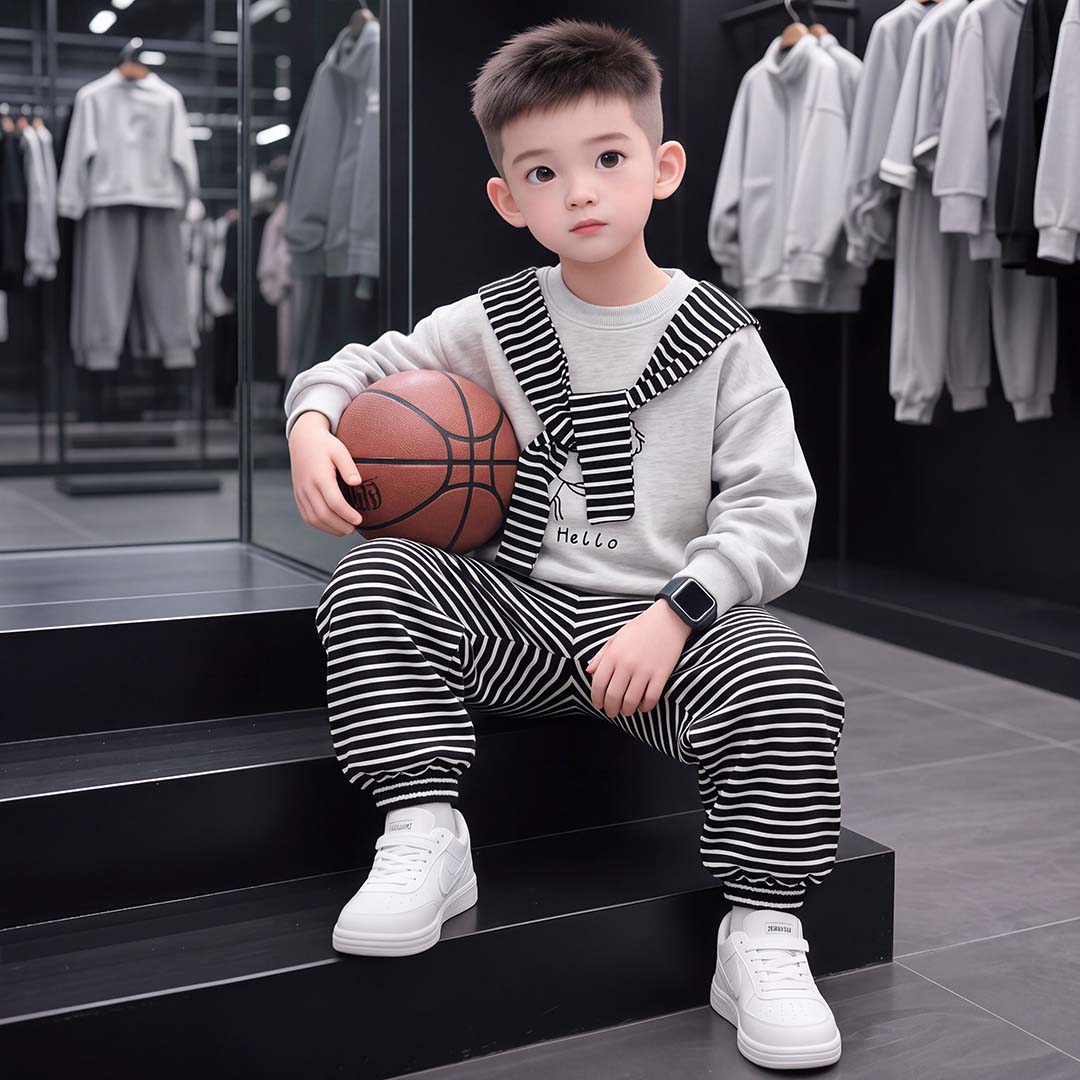 韩系男童卡通套装2026春季新款休闲儿童条纹披肩卫衣卫裤两件套