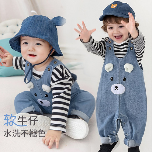 春秋宝宝立体熊牛仔背带裤超萌